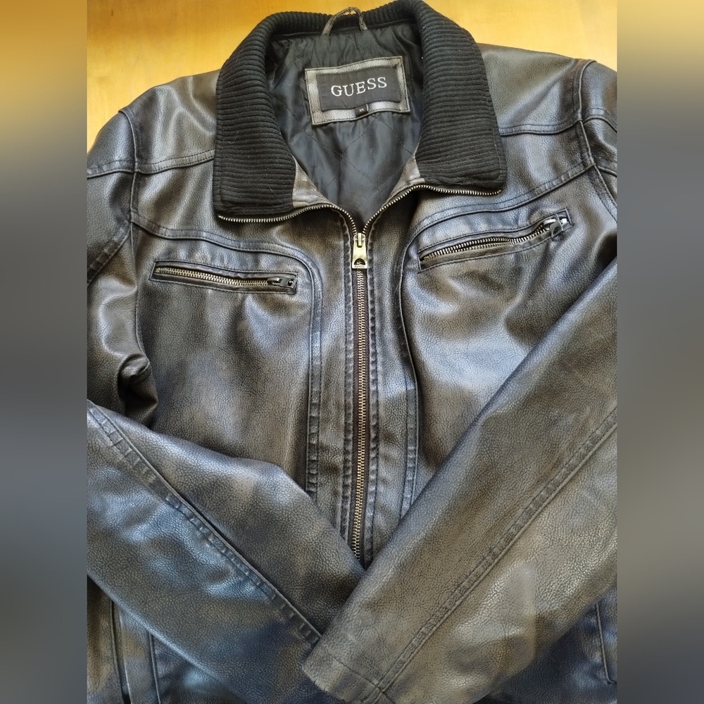Vintage Y2K GUESS Faux Brown Leather Ribbed Collar  Zipper Motorcycle Jack XL